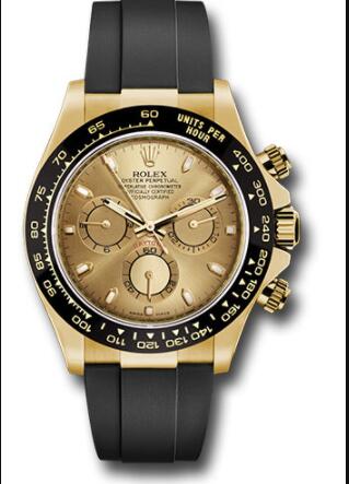 Replica Rolex Yellow Gold Cosmograph Daytona 40 Watch 116518LN Champagne Index Dial - Black Oysterflex Strap - Click Image to Close